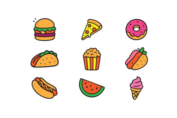Healthy Colorful Fast Food Icon Set on White Background.