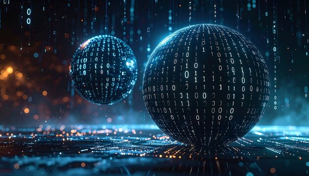 Two binary code spheres hover over circuit board surface, digital data streams cascade down in a blue, orange haze