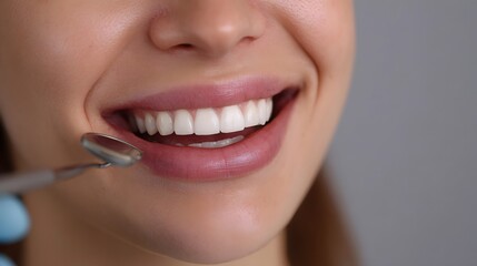 Fototapeta premium A close up of a woman s perfect white smile being examined by a dental mirror