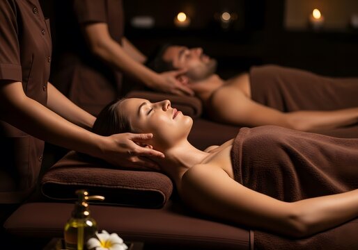 Relaxed Couple Enjoying Head and Neck Massage in Dark Romantic Spa Room, Luxury Wellness Concept - Powered by Adobe