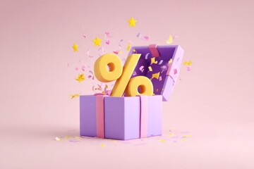 Surprise gift box with a large yellow percentage symbol and confetti bursting out for a special sale or discount announcement