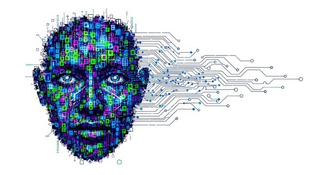 Digital human face formed by circuits and data patterns, representing artificial intelligence, machine learning, and the futuristic evolution of technology and humanity