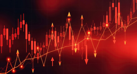 Abstract Red Digital Candlestick Chart with Wavy Line Graph and Arrows Showing Stock Market Fluctuation