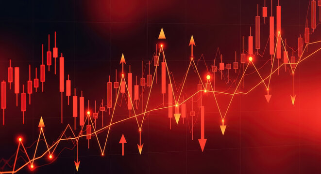 Abstract Red Digital Candlestick Chart with Wavy Line Graph and Arrows Showing Stock Market Fluctuation - Powered by Adobe