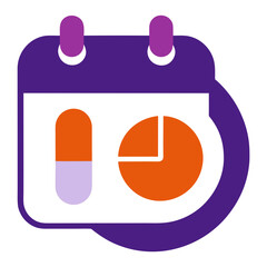 Calendar with pill and pie chart icons for healthcare data