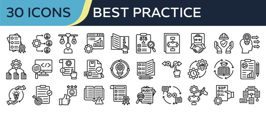 Collection of Best Practice icons, related to Quality Standard, Workflow, Performance Metric, Skill Transfer, Quality Control and more. Outline icons vector illustation.