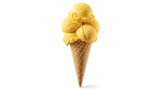 Multiple scoops of yellow ice cream in a cone