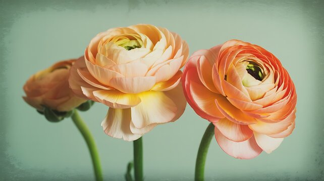 Close up of three delicate peach and orange ranunculus flowers Keywords: ranunculus, flowers, peach, orange, delicate, petals, bloom, blossom, floral, nature, beauty, garden, bouquet, arrangement