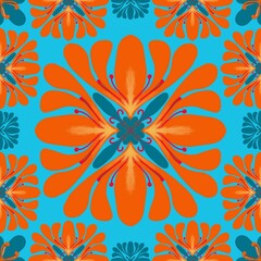 abstract floral background,red,orange curves ,painted create to flowershape, leaves, blue background in geometric patterns as sarong,fabric,tile,printed fabric,batik,tablecloth patterns.