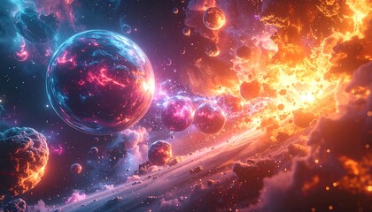Obraz premium Vibrant cosmic scene with planets amid swirling nebulas and asteroids