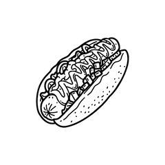 Hand drawn vector hotdog outline with cheese, tomato, sauce, and mayonnaise. Black and white sketch for restaurant branding, menu design, packaging, and vintage or retro food illustrations.