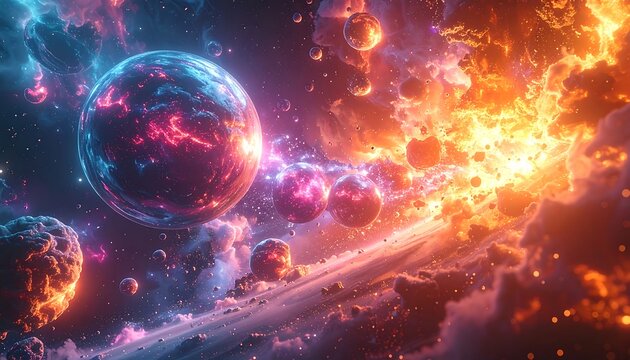 Vibrant cosmic scene with planets amid swirling nebulas and asteroids
