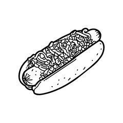 Hand drawn vector hotdog outline with cheese, tomato, sauce, and mayonnaise. Black and white sketch for restaurant branding, menu design, packaging, and vintage or retro food illustrations.