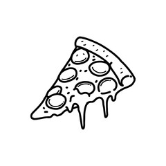 Hand drawn vector pizza outline with cheese, tomato, sauce, and pepperoni. Black and white sketch for restaurant branding, menu design, packaging, and vintage or retro food illustrations.