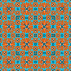 seamless vintage wallpaper,red,orange curves ,painted create to flowershape, leaves, blue background in geometric patterns as sarong,fabric,tile,printed fabric,batik,tablecloth patterns.
