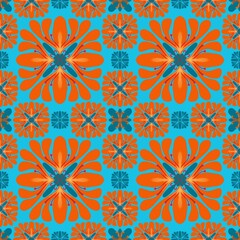 abstract seamless pattern,red,orange curves ,painted create to flowershape, leaves, blue background in geometric patterns as sarong,fabric,tile,printed fabric,batik,tablecloth patterns.