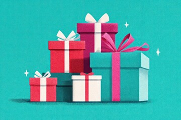 Obraz premium A festive arrangement of brightly colored gift boxes tied with ribbons and bows on a vibrant teal background