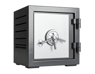 A heavy duty metal safe with a combination dial and handle isolated on transparent background