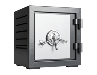 A heavy duty metal safe with a combination dial and handle isolated on transparent background