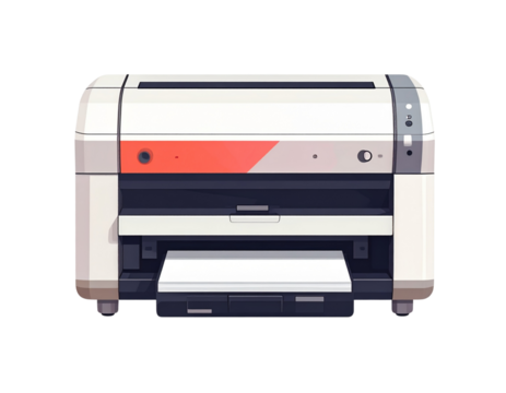Modern white and gray office printer with red accent isolated on transparent background