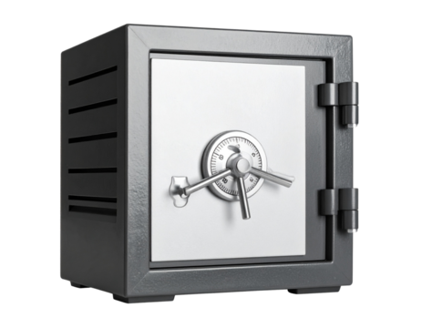 A heavy duty metal safe with a combination dial and handle isolated on transparent background