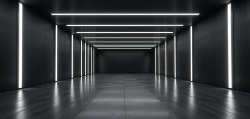 futuristic dark corridor with linear white lighting creating depth and perspective in modern space