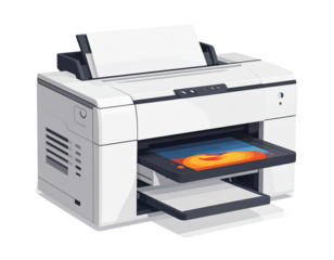 Modern white office printer with paper output tray and printed document isolated on transparent background