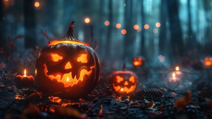 Spooky Halloween night scene with glowing jack-o'-lanterns illuminating a dark forest, perfect for festive designs, seasonal promotions, and eerie holiday events