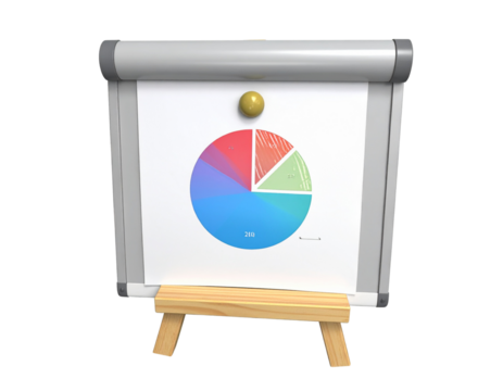 Whiteboard easel displaying a colorful pie chart with data analysis and presentation isolated on transparent background