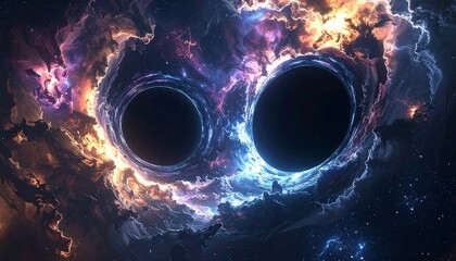 Two black holes, a cosmic dance of darkness and light, surrounded by nebulous clouds