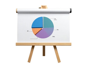 Wooden easel displaying a colorful pie chart with data and statistics isolated on transparent background