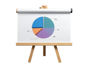 Wooden easel displaying a colorful pie chart with data and statistics isolated on transparent background