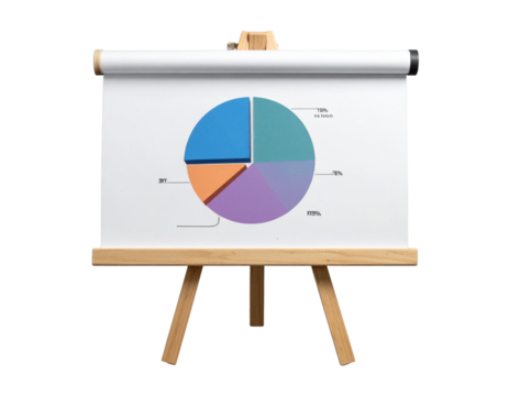 Wooden easel displaying a colorful pie chart with data and statistics isolated on transparent background