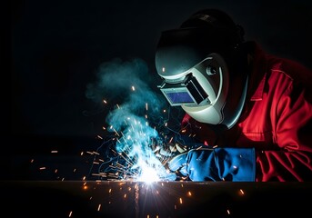Close-up of Industrial Welder Worker with Protective Mask Working in Factory, Sparking and Welding