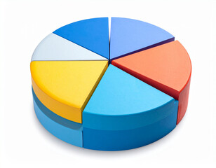 Colorful 3d pie chart with six segments representing data and statistics isolated on transparent background