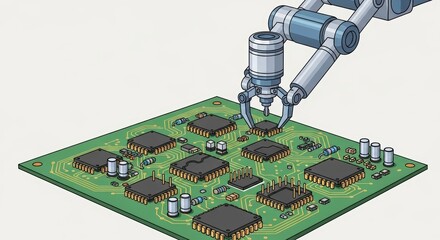 Automated robotic arm precisely placing electronic components onto a circuit board, illustrating advanced manufacturing and technological innovation in chip assembly