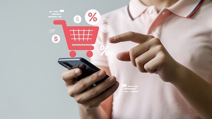Person using smartphone with shopping cart and discount icons for online shopping e-commerce sale