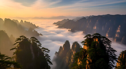 Misty mountain peaks at sunrise with golden light