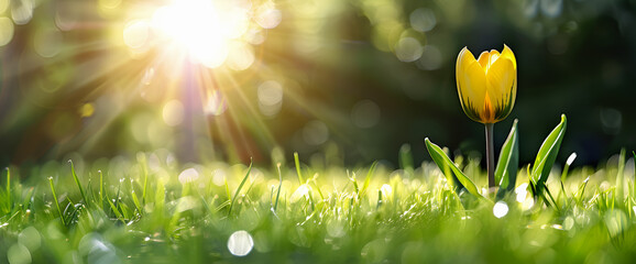 Obraz premium Żółty tulipan na zielonej trawie w promieniach porannego słońca – wiosenny symbol nadziei i odrodzenia.