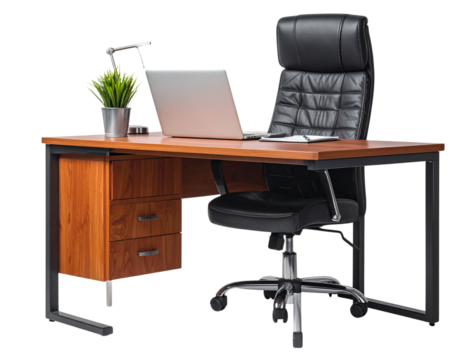 Modern wooden desk with a black leather office chair and a laptop on a transparent background isolated on transparent background
