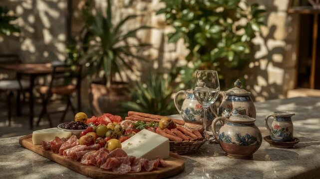 A rustic alfresco feast on a sunny patio. A wooden board overflows with salami, cheese, and olives, set next to an ornate ceramic tea set.