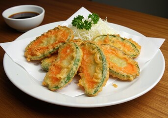 Crispy tempura vegetables, a savory fried dish with dipping sauce for a delicious meal