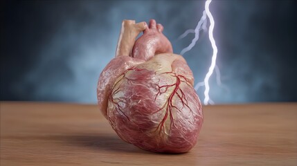 A detailed anatomical human heart with prominent veins and arteries rests on a wooden surface against a dramatic stormy sky with a lightning strike