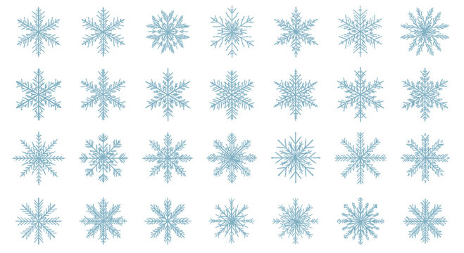 A comprehensive collection of finely detailed blue snowflake vector icons, showcasing diverse geometric and crystal patterns