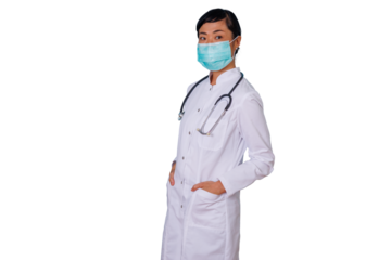 Asian woman doctor wearing protective mask, white coat and stethoscope, posing as healthcare professional. Transparent background