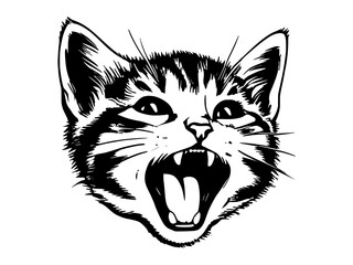 Vector isolated black and white yawning cat head on a transparent background illustration clipart 