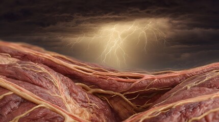A dramatic landscape of vascular muscle tissue under a stormy sky with lightning
