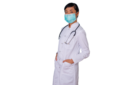 Asian woman doctor wearing protective mask, white coat and stethoscope, posing as healthcare professional. Transparent background
