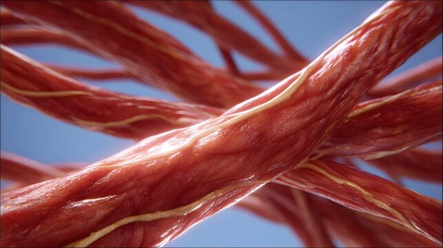 Detailed ro view of red muscle tissue fibers intertwined with yellowish veins or arteries against a clear blue background
