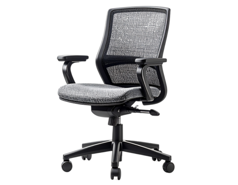 Modern ergonomic office chair with mesh back and adjustable armrests isolated on transparent background